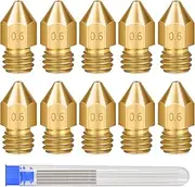 AcbbMNS 10Pcs 1.75mm MK8 Extruder Print Head M6 0.6mm 3D Printer Brass Nozzle with 5Pcs 0.6mm Needles fit for Makerbot CR-10 Ender 3 (0.6mm)