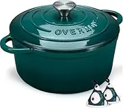 Overmont Enameled Cast Iron Dutch Oven - 5.5QT Pot with Lid Cookbook & Cotton Potholders - Heavy-Duty Cookware for Braising, Stews, Roasting, Bread Baking bottle green