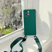 Crossbody Lanyard Strap Silicone Phone Case for Samsung Galaxy S23 S22 S21 Ultra Plus S20 FE A52 A72 Candy Lens Protection Cover,Dark Green,for A52S 5G
