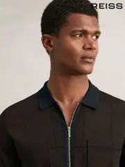 Reiss Chocolate Brown/Navy Blue Baxter Compact-Knit Tipped Zip-Through Shirt (W38465) | $280