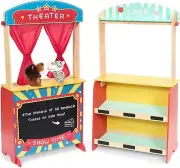 Wooden Puppet Theater Bonus 2 Hand Puppet, Double-Sided Lemonade Stand & Puppet