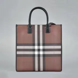 【BURBERRY 巴寶莉】BURBERRY Denny立體黑字LOGO格紋標誌PVC開口式手提斜背托特包(深褐x炭灰)