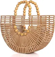 [RULER TRUTH] Womens Bamboo Handbags with Wooden Beads Tote Bag, Handmade Straw Bag for Summer Beach
