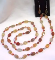 32" HAND KNOTTED FACETED NATURAL AGATE GEMSTONE BEADED NECKLACE & EARRING SET
