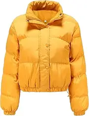 [Qolkmuiy-GJ] Women Stand Collar Puffer Short Jacket Winter Warm Mock Neck Zip Mini Coat Casual Loose Quilted Bubble Outerwear