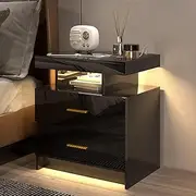 Luxsuite Smart Bedside Table with 2 Drawers Storage LED NightStand Human Induction Light High Gloss Front Bedroom Organiser Furniture Black