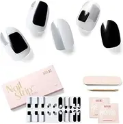 NAILOG Semi Cured Gel Nail Strips (20 Extra Long Nail Stickers) | Glossy & Long Lasting Soft Gel Finish Nail Wraps| Black & White, Silver Glitter | Cubes