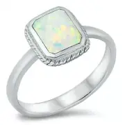 Square Ring Genuine Sterling Silver 925 White Lab Opal Face Height 12 mm Size 7