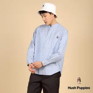 【Hush Puppies】男裝 襯衫 休閒直條紋漁夫帽狗亨利領襯衫(水藍 / 43112103)