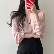 Long-Sleeve Plain Heart Button Blouse / High Waist Accordion Pleated Mini A-Line Skirt Blouse - Pink - S