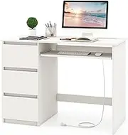 Giantex Computer Desk w/Built-in Charging Station, USB & Type-C Ports, Home Office Desk w/Keyboard Tray & 3 Storage Drawers, Modern Study Writing Table, Vanity Table for Bedroom (White)