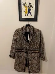 NWT Beautiful Chicos Jacquard Topper Jacket W/Fringe Trim Multi-Color Size 1