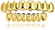 [LKV] Gold Grills for Your Teeth 14K Plated Gold Brass 8 Top Teeth and 8 Bottom Tooth Set Shiny Hip Hop Grillz for Men and Women Gold Grillz Teeth with Extra Molding Bars