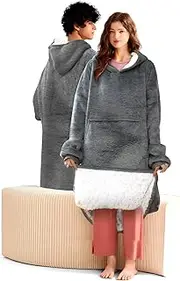 [Xamic] EspRaL Oversized Original Sweatshirt Poncho Plaid and Pocket One Size Thick Sherpa Fleece Hooded Pullover for Adults Women Men Teens Grey 3XL, Gray, 3XL Große Größen Extra Tall