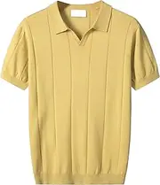 [VgueElegc] Vintage Quarter Zip Knit Shirt Casual Golf Shirts Collared T Shirt Relaxed Cotton T-Shirt for Men