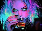 UV Blacklight Drinking Girl Tapestry, Anime Neon Wall Art for Bedroom or Studio, Glows Under UV Light, Polyester Fabric, Aesthetic Decor for Gamers & Streamers (Cyber Inferno, 90x150cm, Unframed)