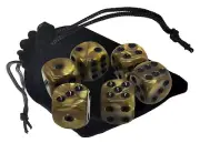Set (6) 16mm Pearlized Dice Rounded Corners Gold w/Black Pips + Storage Pouch