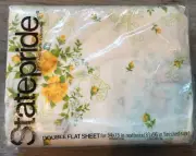 70s Vtg NEW Flat Bed Sheet Full Rose Yellow Blue Floral Prairie Cottagecore NOS