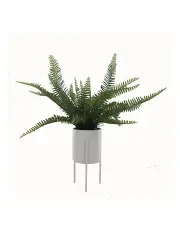 Artificial Boston Fern Plant in Ceramic Pot with Stand in Green/White