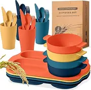 24 Pcs Wheat Straw Dinnerware Cutlery Set Unbreakable Tableware Including Divided Plates, Bowls, Cup, Cutlery Spoons Knifes Forks, BPA Free, Microwave Dishwasher Safe