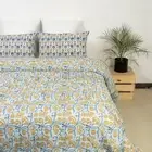 Gold Blue Floral Block Printed Indian Soft Cotton Duvet Cover Comforter Cover