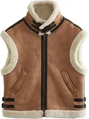 [KEOMUD] Womens Winter Warm Fur Suede Vest Stand Collar Sherpa Lined Sleeveless Jacket Coat