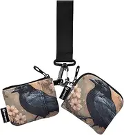 [XYMZR] Mini Zip Around Wristlet keychain Wallet Crow Floral Branch for Women Personalized Pattern Detachable Dual Pouch Wristlet Portable Wallet Phone Coin Purse, Multi-colored, One Size