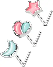 [OUFER] 3PCS 20G Nose Rings For Women, Heart Moon Star L-shaped Nose Studs, Blue and Pink Nose Nostril Piercing Jewelry -7MM