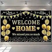 Yuanbigtai Welcome Home Banner Decorations, Black Gold Welcome Home Backdrop, We Missed You So Much Party Decor, Family Reunion Patriotic Military Homecoming Returning Party Supplies 70.8 x 43.3 Inch