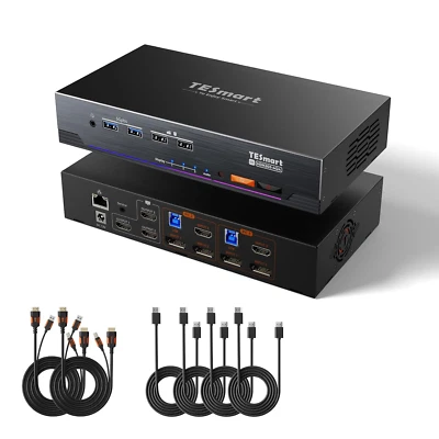 4K@144Hz Displayport + HDMI KVM Switch 3 Monitors 2 Computers USB 3.0, HDMI 2.1