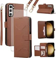 [Asuwish] Mobile Phone Case for Samsung Galaxy S23 Plus S23+ 5G Case with Strap Protective Film RFID Card Slot Foldable Leather Wallet Stand S23plus 23S S 23 + 23+ Mobile Phone Cases Protective Phone