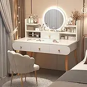 Vanities Desk, Makeup Table with Drawers, Vanity Desk with Mirror and led Lights,3 Lighting Mode,Makeup Vanity Desk,Multifunctional Makeup Writing Desk for Bedroom(White)