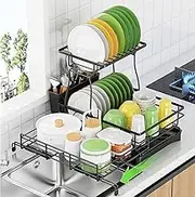 2 Tier Dish Drying Rack for Kitchen Counter, Expandable Dish Racks with Drain Board, Stainless Steel Dish Drainer with Cutlery Holder, for Kitchen Countertops