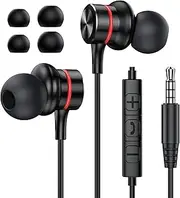MOSWAG Wired Earbuds, 3.5mm Black Wired Earbuds with Microphone, in-Ear Noise Cancelling Headphones Compatible with Mobile Phones, Desktop PCs, Tablets, Laptops, MP3s, MP4s, 1 Pack