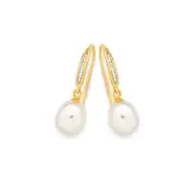 9ct Gold Cultured Fresh Water Pearl & Diamond Drop Earrings in White