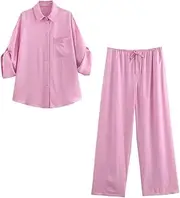 [Zadaos] Woman Summer Lapel Half Sleeves Shirt Set Single Breasted Shirt+Mid-Waist Lace-Up Wide Leg Pants