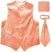 New Men's Paisley Tuxedo Vest Waistcoat & Ascot Cravat & Hankie Wedding Peach