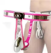 Male Adjustable Chastity Belt with Penis Cage Y-Shape Stainless Steel BDSM Fetish Slave Anti-Cheating Sissy Bondage Device (Pink, 90-120cm)