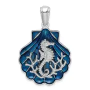Sterling Silver De-Ani Rhodium-Plated Enameled Blue Shell With Seahorse Pendant