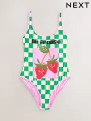 Green/White Strawberry Checkerboard Tummy Control Scoop Neck Swimsuit (F78299) | $75