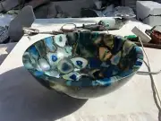 15" Round Blue Agate Stone Washbasin Vessel Sink For Contemporary Bathroom Decor