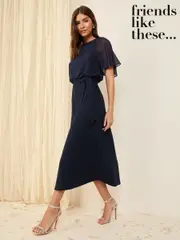 Friends Like These Navy Blue Scuba Chiffon Flutter Sleeve Midi Dress (F03403) | $106
