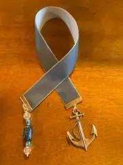 HANDCRAFTED BLUE RIBBON VELVET BOOKMARK - NAUTICAL ANCHOR CHARM - BEAD STRING