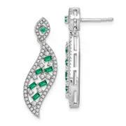 14k White Gold Emerald and Real Diamond Wave Post Earrings