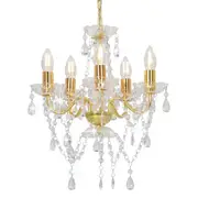Chandelier with Crystal Beads Golden Round 5 x E14 vidaXL