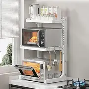 ABCOOL Retractable Adjustable 2 Axial Snap-in Kitchen Baker Microwave Oven Rack, 2 Tier Expandable and Height Adjustable Carbon Steel Shelf Counter Countertop with 3 Clip Hooks, Electric Oven Holder