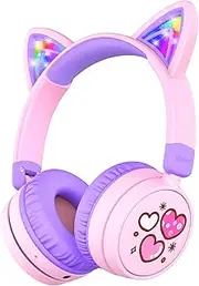 iClever Kids Bluetooth Headphones, Light Up Cat Ear, Safe Volume 74/85dBA,60H Playtime,Bluetooth 5.3,USB C Charging,Wireless Kids Headphones AUX Cord for iPad Tablets School Travel (Purple)