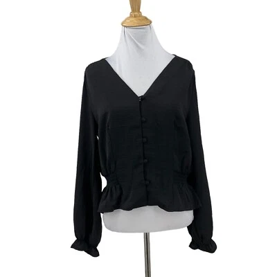Topshop Blouse Womens 6 Black Smocked Waist Long Sleeve Peasant Cuffed Top