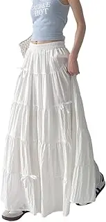 [YEMOCILE] Women's Bow Pleated Maxi Skirt Summer Casual Flowy Skirt Elastic Waist A-Line Boho Long Skirt