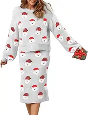 [Kocowoo] Women's Cute Ugly 2 Piece Christmas Sweaters Slit Skirt Set Fluffy Santa Pattern Xmas Holiday Pullover Knitted Dress Set